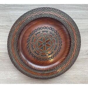 Vintage Hand Carved Wooden Plate Wall Art  9 1/2 Inch